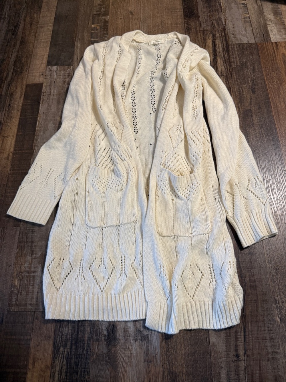 Maurices Cream Open-Front Pointelle Knit Cardigan